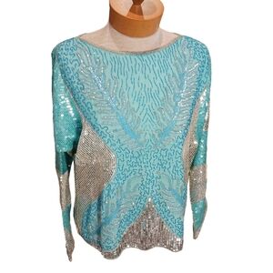 Vintage Size S/M Silk Sequins Womens Top Blue Country Silver 80s Maximalism